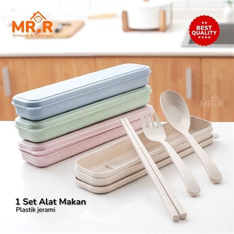 Jual 1 Set Alat Makan Sendok Garpu Sumpit Box Plastik Jerami Wheat