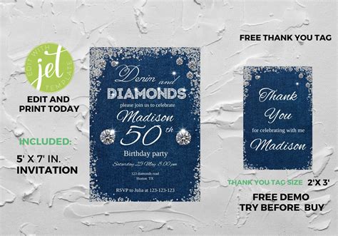 Denim And Diamonds Invitation For Any Age Editable Denim And Diamonds