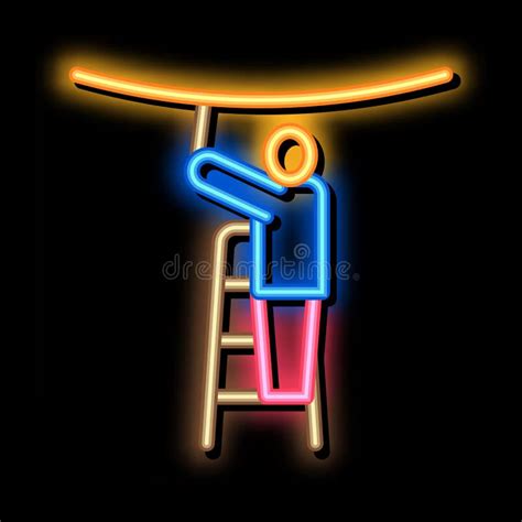 Worker Heating Stretch Ceiling With Fan Neon Glow Icon Illustration