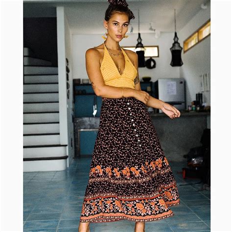 Plum Floral Boho Chic Maxi Skirt Women 2019 Summer High Waist Button Up