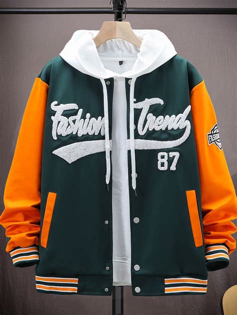 Men 1pc Colorblock Letter Patched Detail Button Front Varsity Jacket