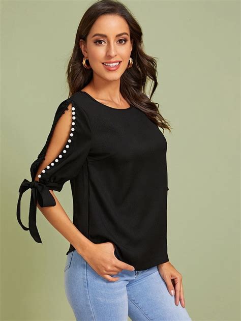 Shein Pearls Split Knot Cuff Sleeve Top Cuffed Sleeve Top Pretty