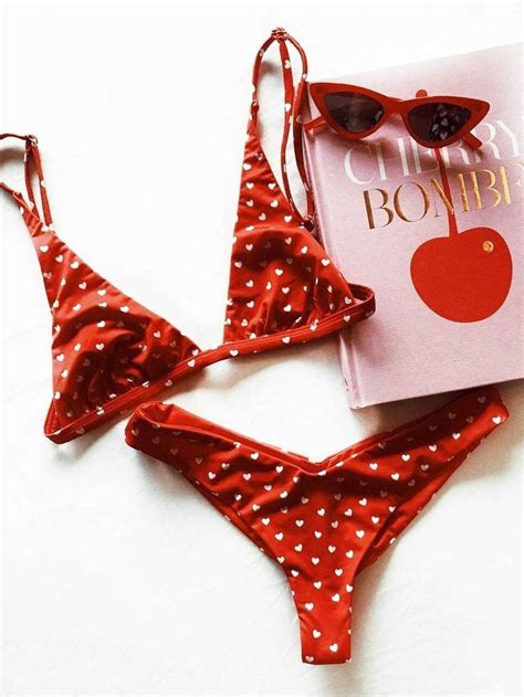 Triangle Bikini Set For Women With Heart Print Red W T I Design Bikinis Para Adolescentes