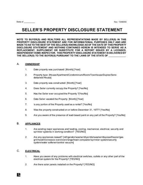 Free Property Disclosure Statement Form Legal Templates