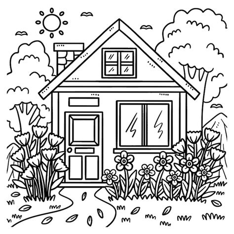 Página para colorir de casa de primavera com jardim para crianças ...
