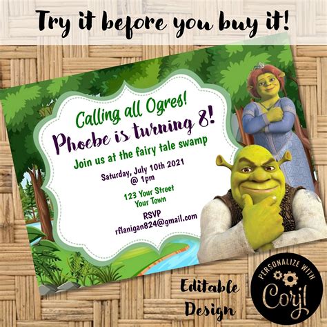 Editable Shrek Night Swamp Printable Birthday Party Invitation Etsy