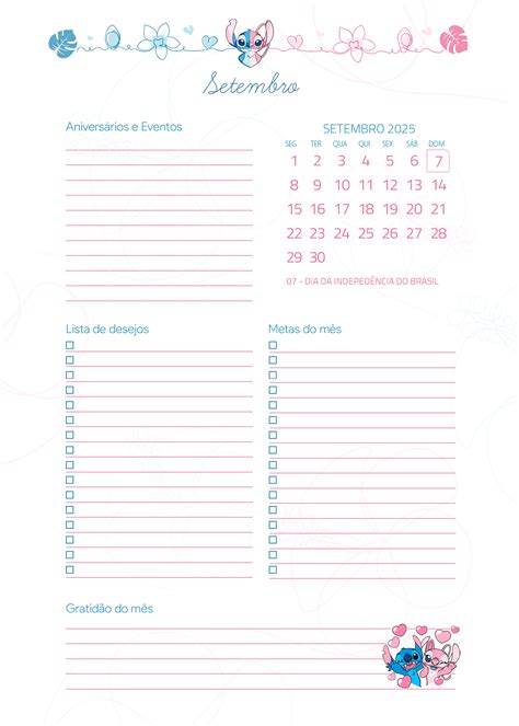 Calendario Mensal Setembro Planner Stitch E Angel Fazendo A Nossa Festa