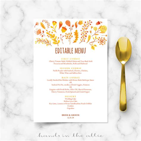 Fall Wedding Menu Template | Editable Menu Cards | Hands in the Attic