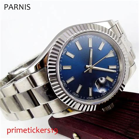 Sapphire Glass Mm Parnis Blue Dial Date Automatic Mens Watch Polished