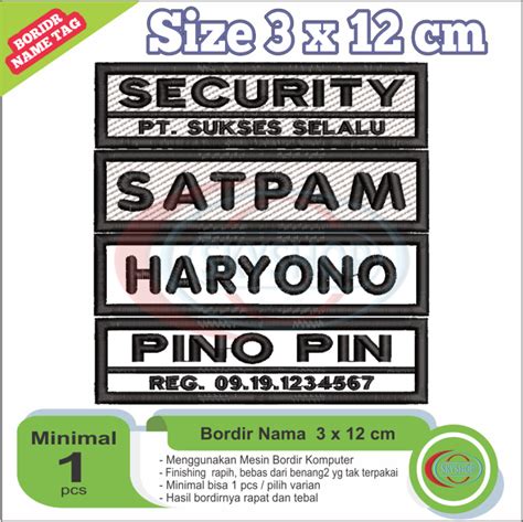 Bordir Custom Nama Dada Satpam Security X Cm Badge Papan Nama Name