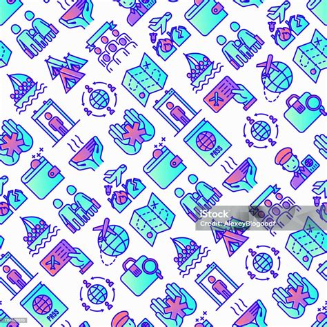 Immigration Seamless Pattern With Thin Line Icons Immigrants Illegals