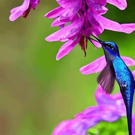 Blue Hummingbird Violet Sabrewing Flying Next To Beautiful Red Flower