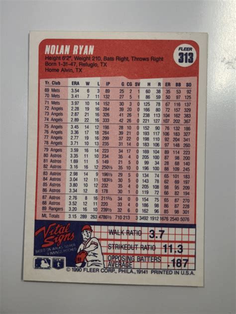 1990 Fleer Nolan Ryan Baseball Card 313 Texas Rangers NM EBay