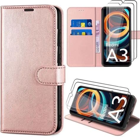 Coque 2 Verres Trempés pour Xiaomi Redmi A3 Rose Antichoc en Cuir