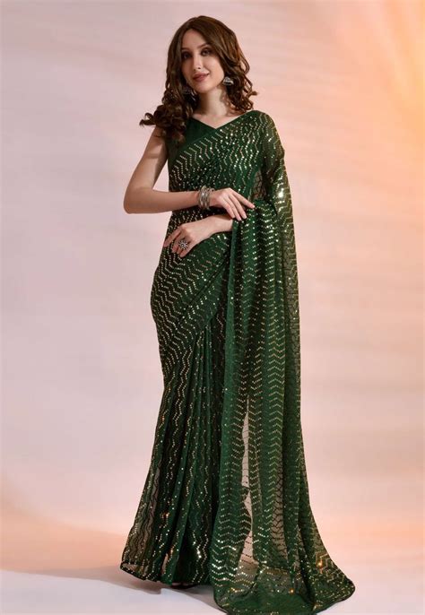 Georgette Sequence Saree In Green Colour Party Wear Sarees