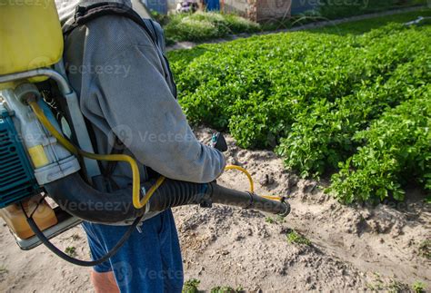 agricultor com uma máquina de pulverização no fundo da plantação de