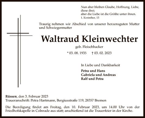 Traueranzeigen Von Waltraud Kleinwechter Trauer Kreiszeitung De