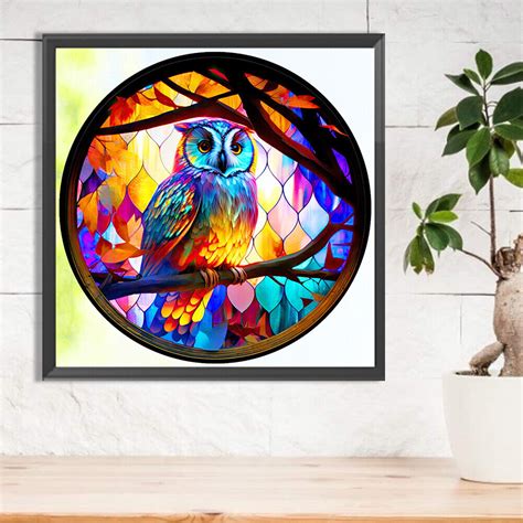 H1 5D DIY Full Round Drill Diamond Painting Stained Glass Owl Home