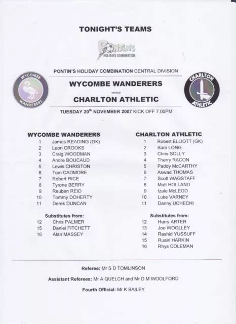 WYCOMBE WANDERERS RES V Charlton Athletic Res 20 11 2007 Pontins