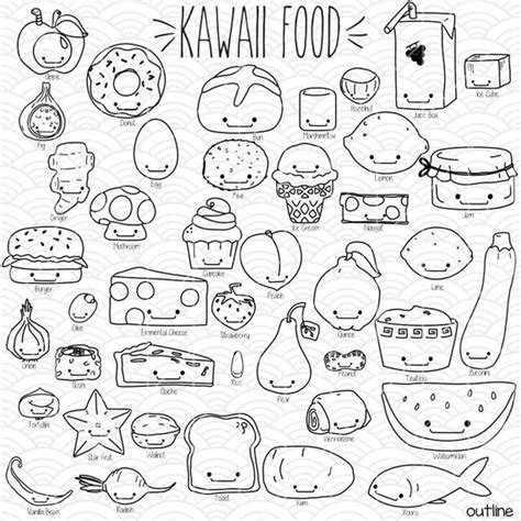 Kawaii Food Clip Art Bundle Hand Drawn Cute Fruit Outline