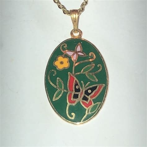 Vintage Jewelry Vintage Gold Tone Green Enamel Cloisonn Floral