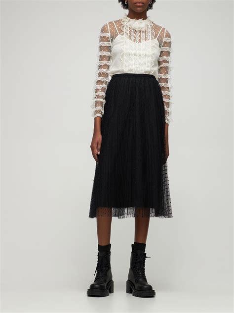 Red Valentino Woman Midi Pleated Skirt In Point Desprit Tulle In Black