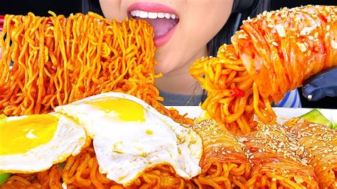 Asmr Spicy Fire Noodles Wrapped In Kimchi No Talking Slurping Eating