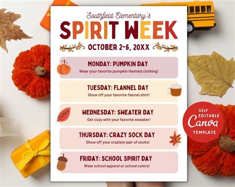 Editable Fall Spirit Week Flyer Template School Spirit Schedule Etsy