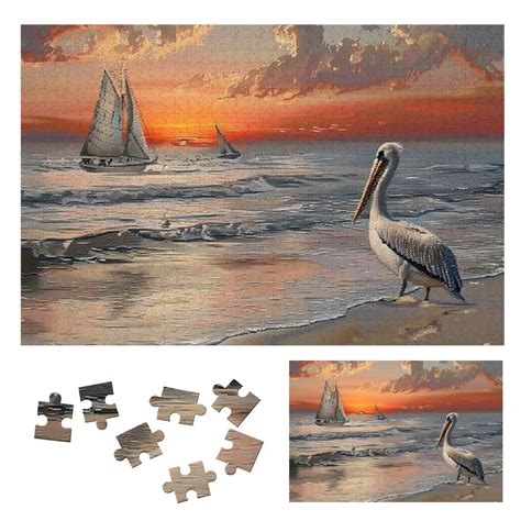 Onetech Pelican Sailboat Sunset Wooden Jigsaw Puzzle For Adults And