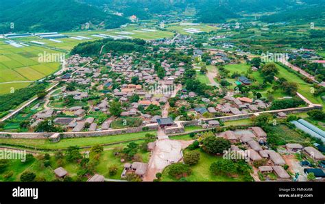 Aerial view of korean traditional folk village in Suncheon city of ...