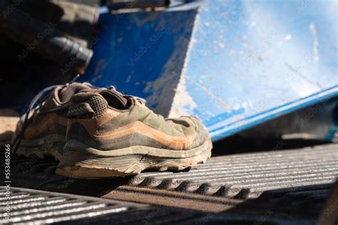 A safety shoe PPE for construction builder worker which is placed on the pick-up truck ...