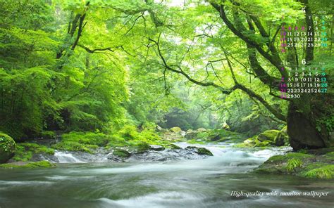 新緑の菊池渓谷をモチーフにしました2020年5月6月のカレンダー付きワイドモニター高画質壁紙【1680×1050】アスペクト比16:10霧島 ...