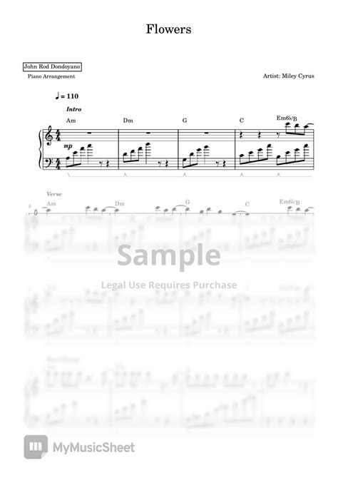 Miley Cyrus Flowers PIANO SHEET Partitura By John Rod Dondoyano