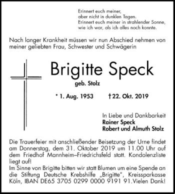 Traueranzeigen Von Brigitte Speck Trauerportal Ihrer Tageszeitung