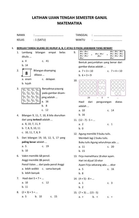 SOAL LATIHAN UTS MATEMATIKA KELAS 1 SEMESTER GANJIL Soal Jawaban