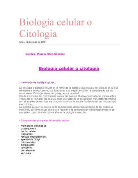 Biología celular o Citología Biología celular o Citologia lunes 12