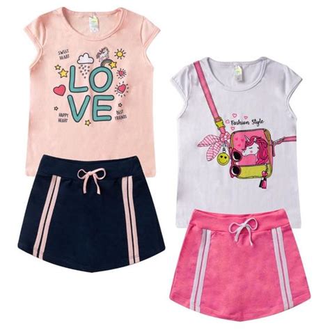 Kit 2 Conjuntos Verão Infantil Juvenil Feminino Blusinha Neon e Shorts