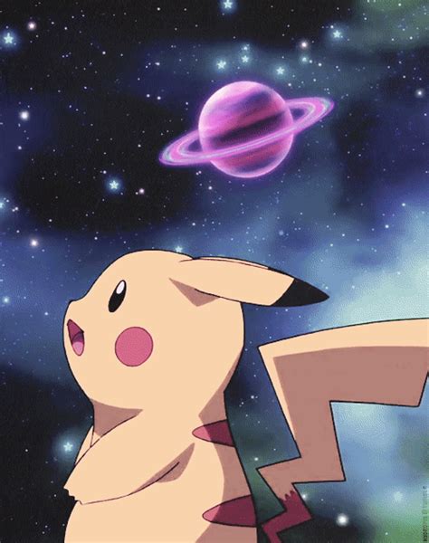 a pikachu flying through the air next to a space filled with stars and ...