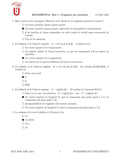 Test1 practicar amb respostes ESTADÍSTICA Test 1 Preguntes per