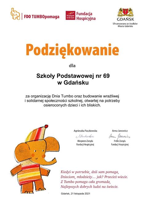 Podziękowania dla naszej szkoły Szkoła Podstawowa nr 69 im gen