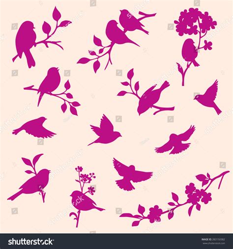 Set Decorative Bird Twig Silhouettes Stock Vector Royalty Free