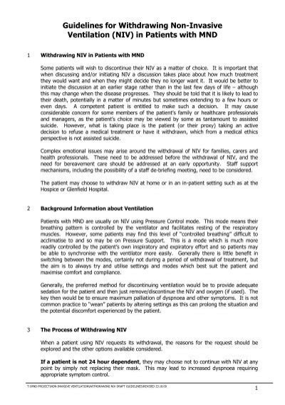 Guidelines For Withdrawing Non Invasive Ventilation Niv In