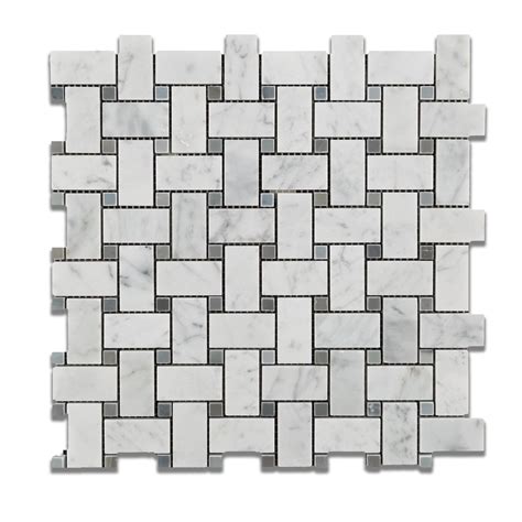 Carrara White Marble Honed Basketweave Mosaic Tile W Blue Gray Dots