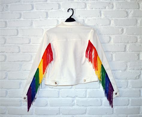 Rainbow Fringe Denim Jacket White Black Denim Men S Etsy