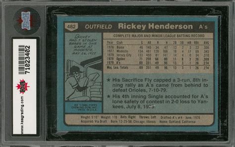 Lot Detail - 1980 Topps #482 Rickey Henderson Rookie Card – KSA GEM MINT 10