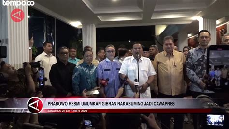 Prabowo Subianto Umumkan Gibran Rakabuming Raka Sebagai Bacawapres