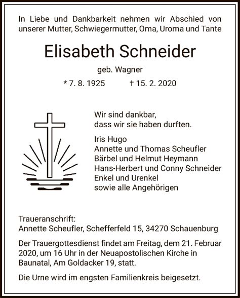 Traueranzeigen Von Elisabeth Schneider Trauer HNA De