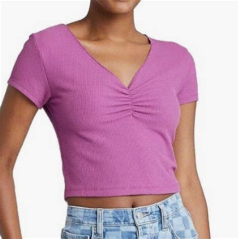 NWOT Wild Fable Purple Waffel Synched Neck Top Black Crop Top Shirt