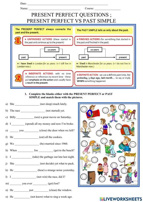 A Worksheet For Present Perfect And Past Simple Words With Pictures On The Page