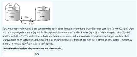 Solved Two Water Reservoirs A And B Are Connected To Each Chegg